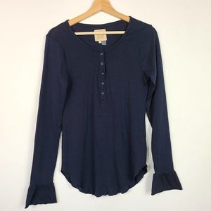 Chaser Navy Blue Flounce Sleeve Henley Top - Size M